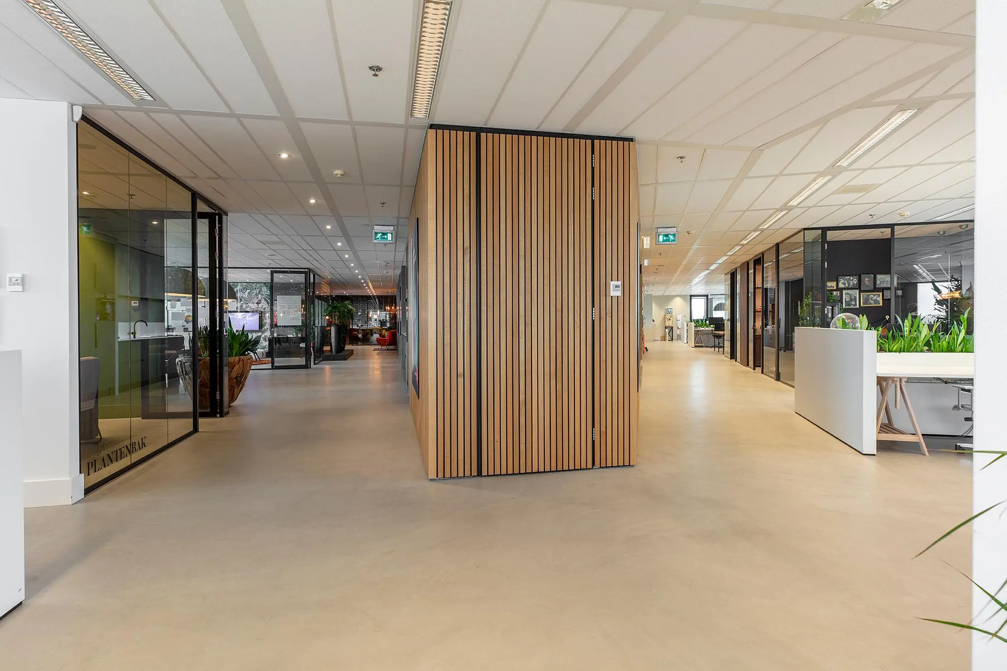 Moderne kantoorruimte aan de Vliegend Hertlaan met glazen wanden, strakke afwerking en veel groen.